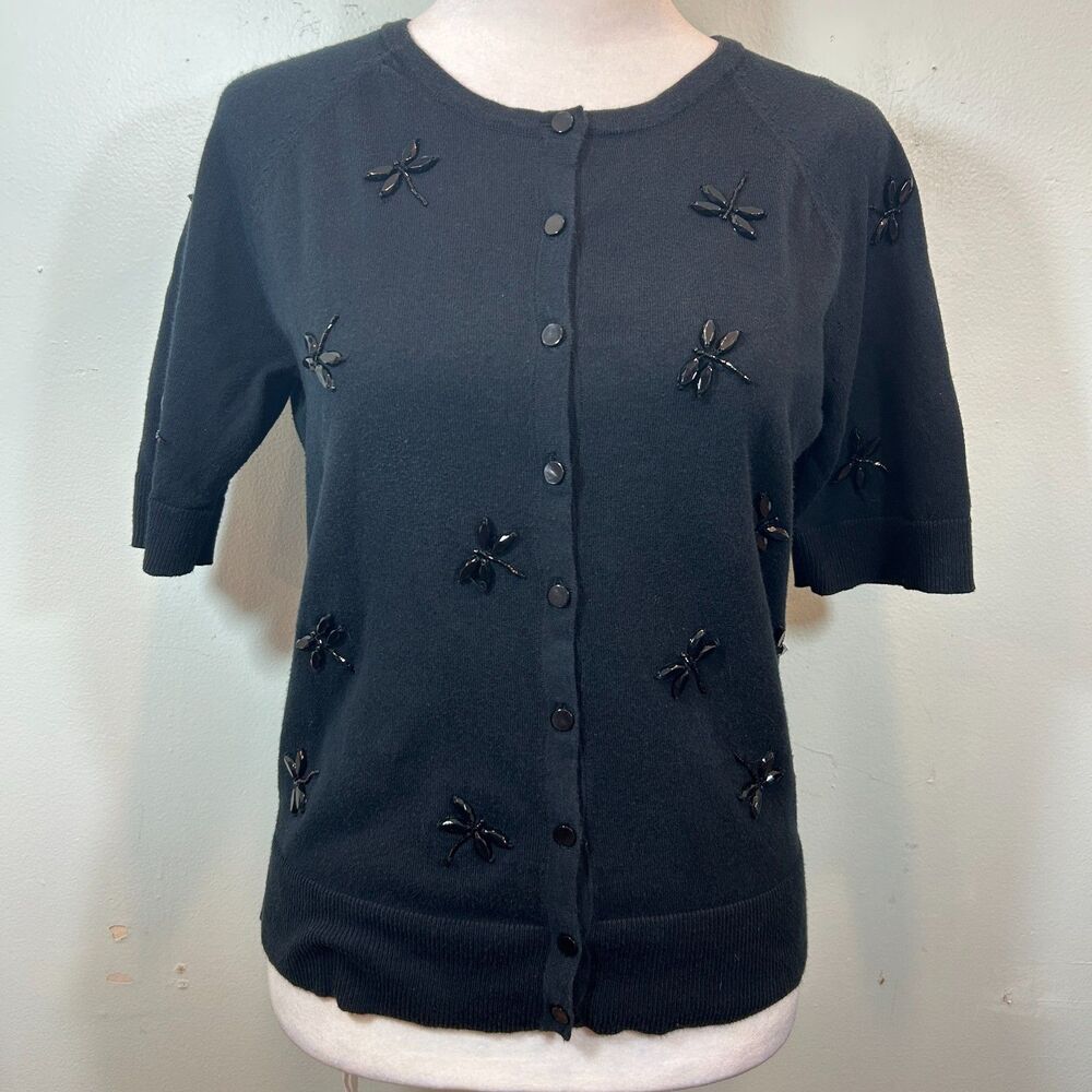 TALBOTS Black Jeweled Dragonfly Cardigan Sweater Size SP Dark Fairy Whimsigoth